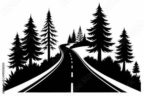 highway in the wood silhouette line art vector illustration with a white background