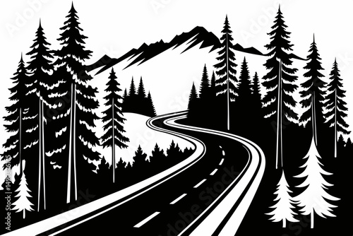 highway in the wood silhouette line art vector illustration with a white background