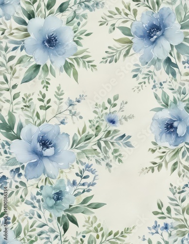 Creamy backdrop, delicate blue & green watercolor floral pattern , leaves, spring