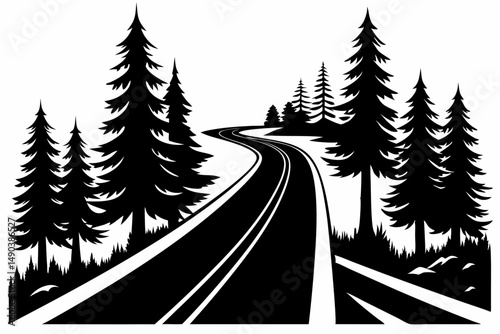highway in the wood silhouette line art vector illustration with a white background