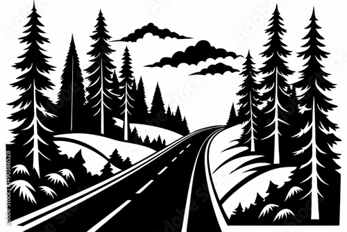 highway in the wood silhouette line art vector illustration with a white background