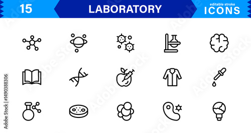 Modern Laboratory symbol set crafted for science, chemistry, and innovation. These vector icons are ideal for clean, professional visuals.