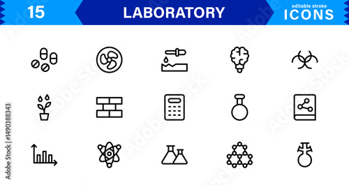Modern Laboratory symbol set crafted for science, chemistry, and innovation. These vector icons are ideal for clean, professional visuals.