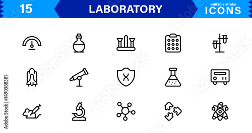 Modern Laboratory symbol set crafted for science, chemistry, and innovation. These vector icons are ideal for clean, professional visuals.