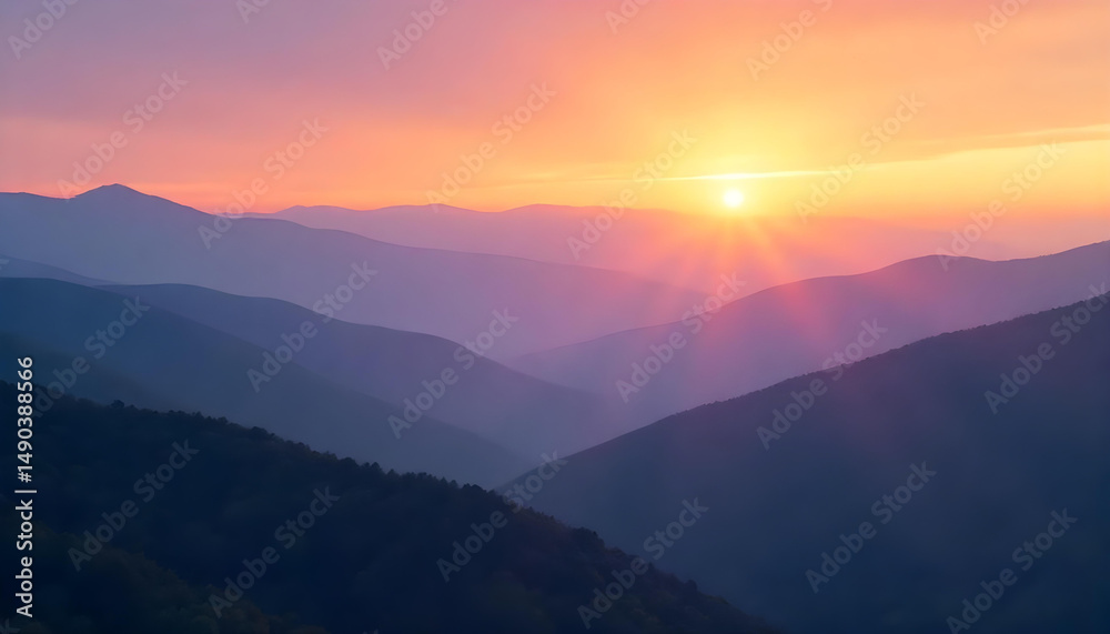 Obraz premium Misty mountain range background at dawn with layered silhouettes of peaks and a subtle gradient sky