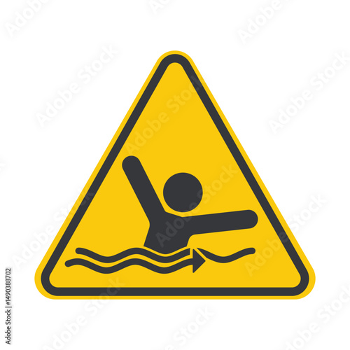 Isolated safety sign warning of strong river currents, highlighting drowning risks and water hazard awareness in natural aquatic environments.