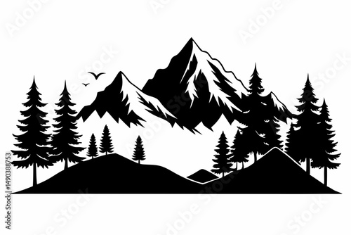 mountain and trees landscape silhouette line art vector illustration with a white background