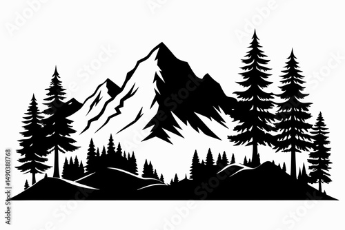 mountain and trees landscape silhouette line art vector illustration with a white background