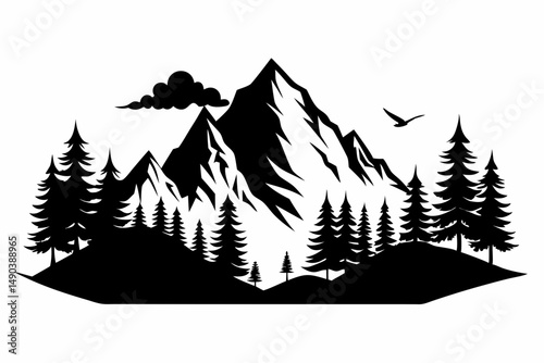 mountain and trees landscape silhouette line art vector illustration with a white background