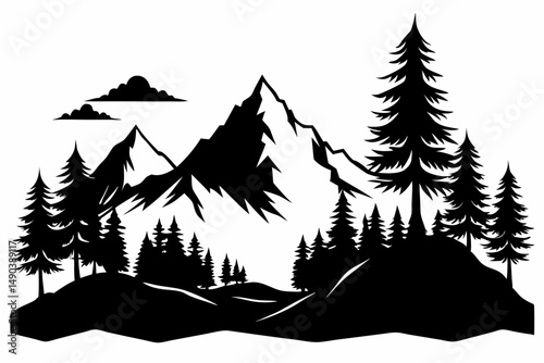 mountain and trees landscape silhouette line art vector illustration with a white background