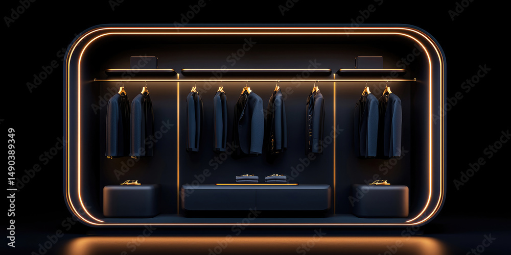 Obraz premium Modern minimalist wardrobe with dark suits and gold accents.