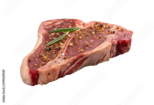 One piece of fresh meat with spices on top isolated on a white background.