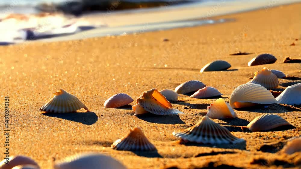 Scattering of seashells resting on warm sand, close to the ocean waves on the shore, in golden morning or sunset light
