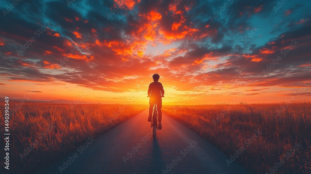 Sunset Bicycle Ride: Silhouette of Cyclist on Country Road Sunset Bicycle Ride: Silhouette of Cyclist on Country Road