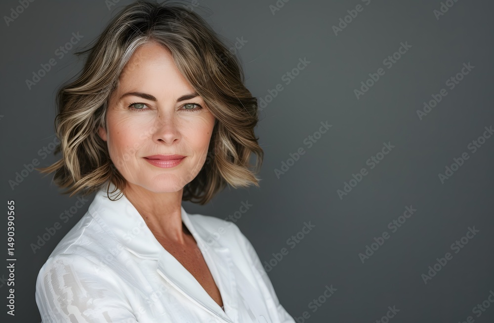 Professional Headshot of a Mature Woman with Gray Hair, Natural Makeup and White Blazer on Gray Background Professional Headshot of a Mature Woman with Gray Hair, Natural Makeup and White Blazer on Gray Background