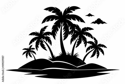 tropical island silhouette line art vector illustration with a white background