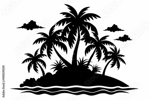 tropical island silhouette line art vector illustration with a white background