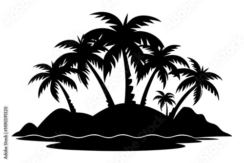tropical island silhouette line art vector illustration with a white background