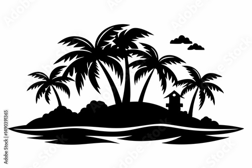 tropical island silhouette line art vector illustration with a white background