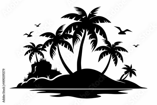 tropical island silhouette line art vector illustration with a white background