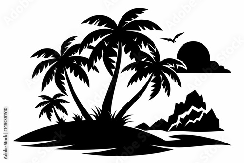 tropical island silhouette line art vector illustration with a white background