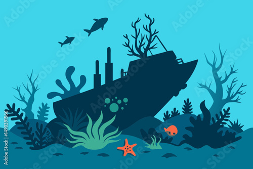 Coral Reef Shipwreck Vector Art