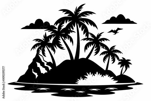 tropical island silhouette line art vector illustration with a white background