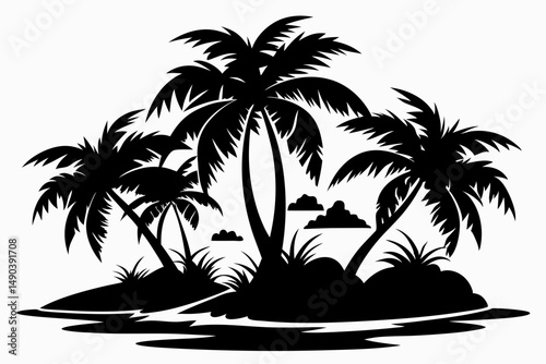 tropical island silhouette line art vector illustration with a white background