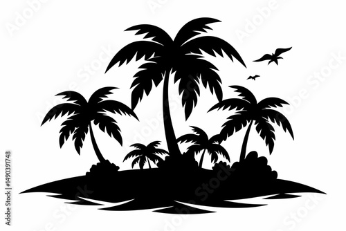 tropical island silhouette line art vector illustration with a white background