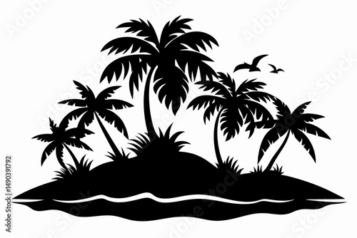 tropical island silhouette line art vector illustration with a white background