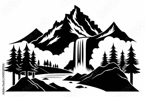 waterfall mountain landscape silhouette line art vector illustration with a white background
