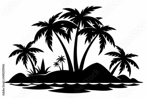 tropical island silhouette line art vector illustration with a white background