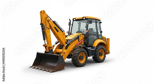 Yellow backhoe loader parked on white background ready for work  