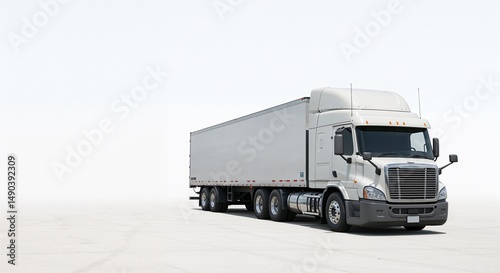 Large white semi-truck parked on empty road against clear sky 