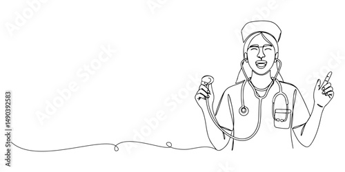 Continuous one line drawing of a nurse with stethoscope smiling enthusiastically, representing the dedication of health workers, labor day, line art style vector illustration.