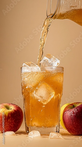 iced apple juice being poured into glass with ice cubes and apples on beige background