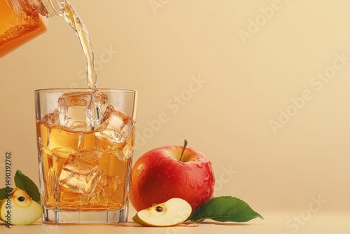 iced apple juice being poured into glass with ice cubes and apples on beige background