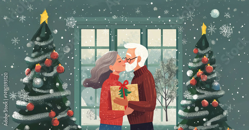 Elderly couple celebrating Christmas and New Year at home, exchanging gifts and sharing a kiss in a festive atmosphere. Generated image