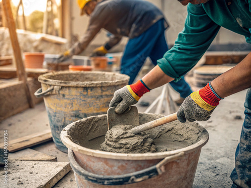 Hands of a mechanic mixing cement in a plastic bucket.