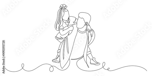 Fathers day line art style vector illustration, father and daughter line art illustration