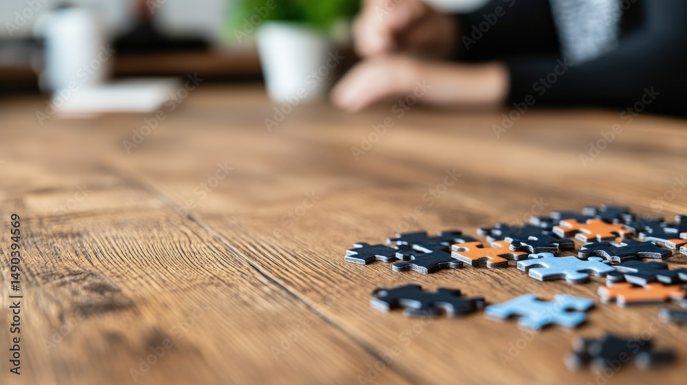 Naklejka premium Puzzle pieces on wooden table game and solution concept