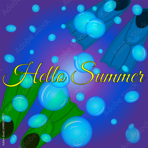 Hello Summer Underwater greeting card vector Illustration with Diving Fins and Bubbles on Vibrant Gradient Background. Ideal for holiday and vacation banner, or summertime, sports and aquatic design.