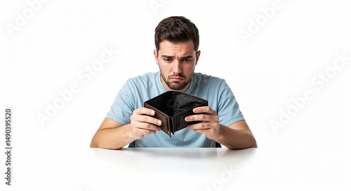 Young man looking disappointed at empty wallet on white background