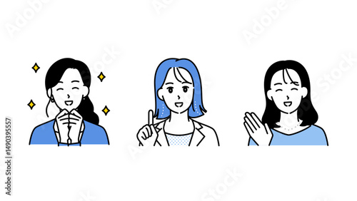 モチベーションと笑顔あふれるビジネス女性3人のイラストセットB