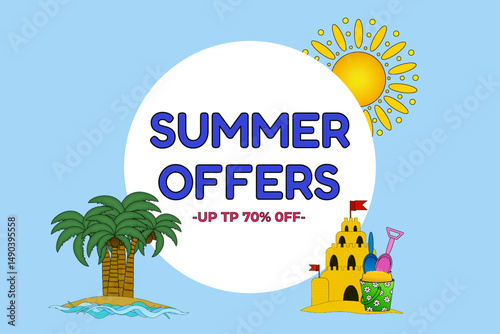 Summer sale banner with sand castle, shovels, bucket, sun, palm trees, and bold text with a discount text. For summertime promotion, social media, online store, poster, flyer, marketing material.