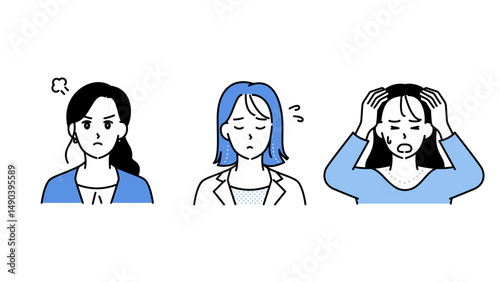 悩み・混乱・不安を表すビジネス女性3人のイラストセットB