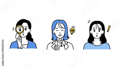 調べる・ひらめく・驚くリアクションをする表情豊かな女性3人のイラストセットA