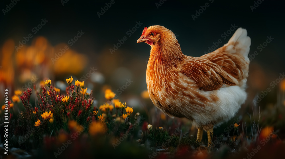 Fototapeta premium Gallina in un prato con erba e fiori