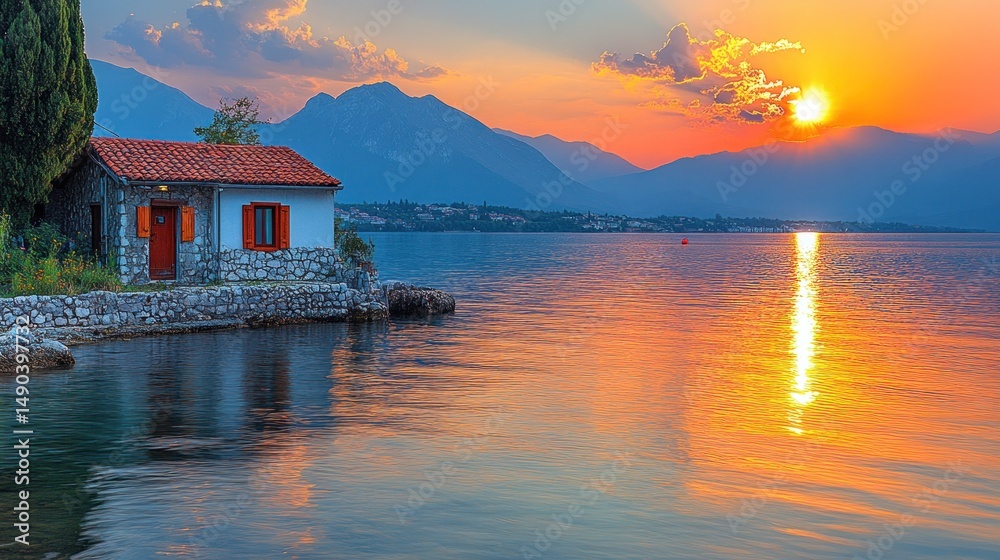 Fototapeta premium Serene Sunset over the Coastal House