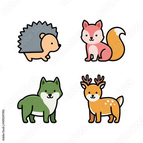 Cute Cartoon Animals Including Hedgehog, Fox, Deer, and Dog on Black Background for Kids and Nature Themes